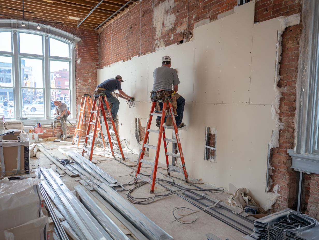 Workers installing soundproofing materials during commercial renovation
